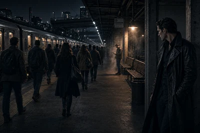 A vampire stalking prey through a train station