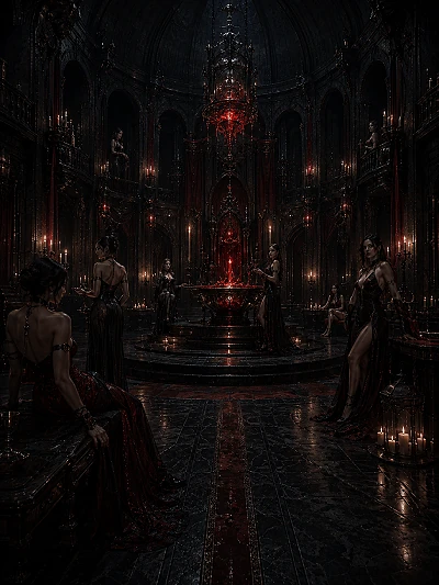 A crimson-lit court beneath a vaulted ceiling