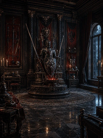 An armored statue surrounded by weapons in the Gallery of Wrath