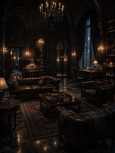 The candlelit lounge within the Thrall Quarters